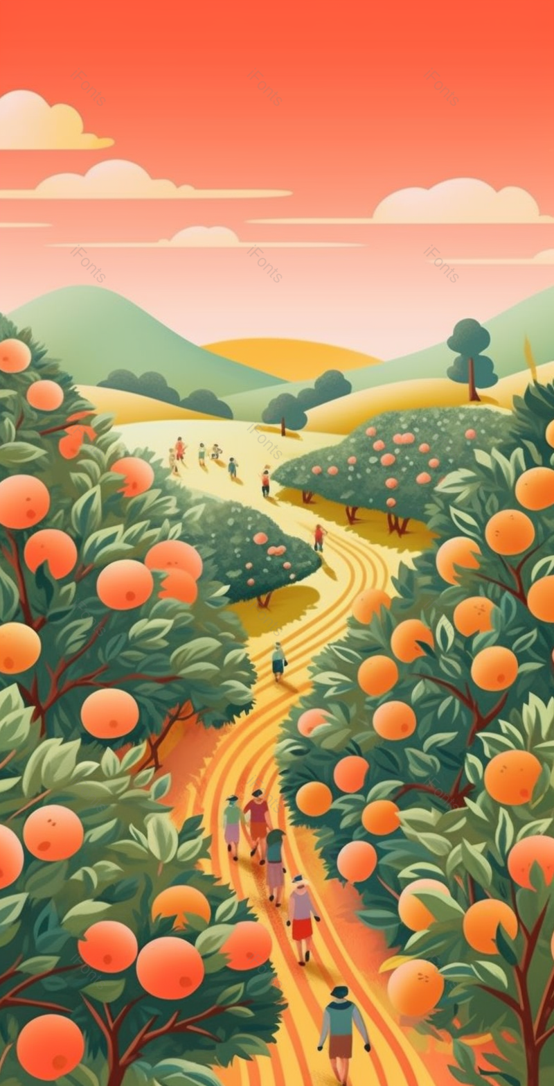 儿童在橘子树园里游玩插画背景,插画/手绘图,插画/手绘图库,插画/手绘图下载,插画/手绘